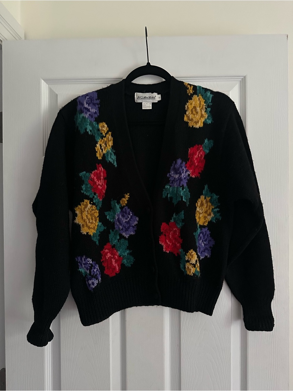 Size L JH Collectibles Vintage 100% Wool Floral Cardigan Sweater Black - Picture 3 of 6